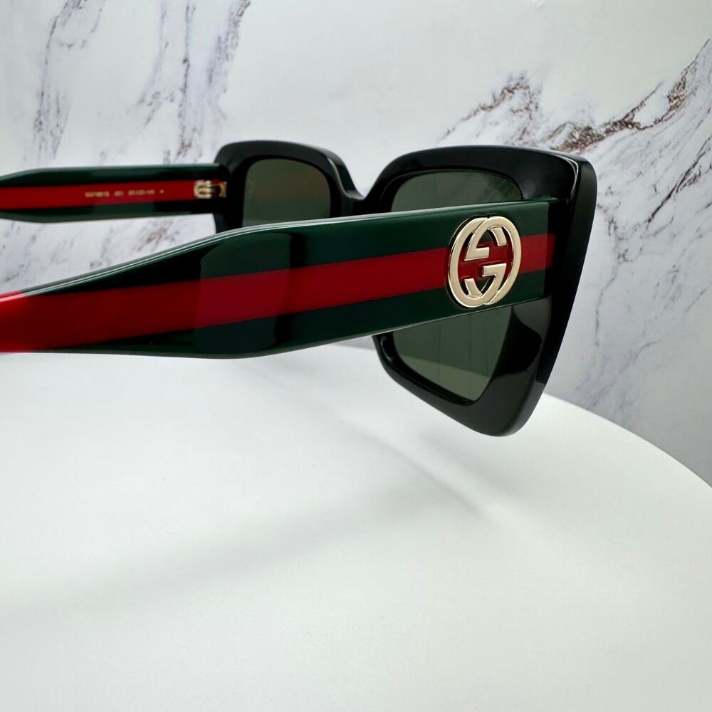 STYLISH New GUCCI Sunglasses Black Gold 3D Metal Logo Square Red Green Web Arms - Picture 7 of 16
